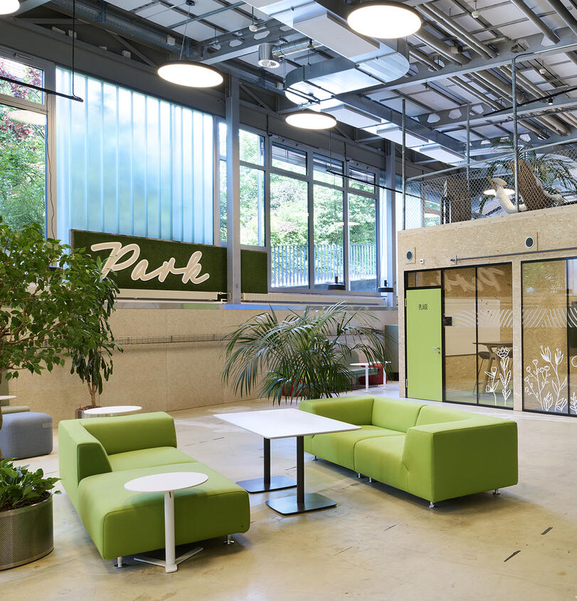 Photo of the swing space, two green sofas, plants and meeting room in the background