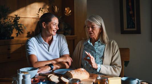 Fachperson mit Kundin im Home Care Bereich