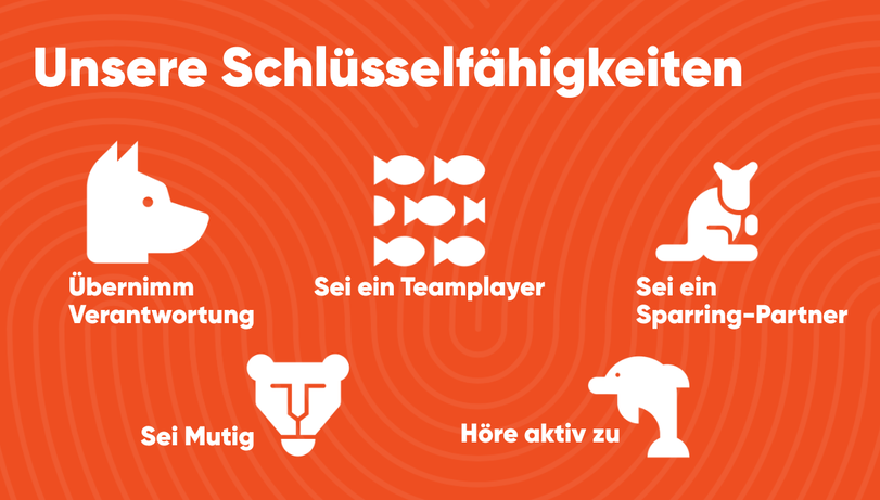 unsere Schlüsselfähigkeiten, übernimm verantwortung, sei ein Teamplayer, sein ein Sparring Partner, sei Mutig, höre aktiv zu